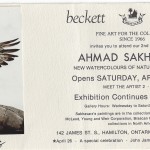 Invitation Card to the 2nd exhibition of Ahmad Sakhavarz paintings
Beckett Gallery, April 26, 1986, Hamilton
Mr. Ahmad (Alan) Sakhavarz is a signature member of the Society of animal artists and the Oil painters of America.
Photo Credit: Ahmad (Alan) Sakhavarz
