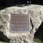 Ignatieff Memorial by NoRooz Educational Foundation*
In 1991, in gratitude, and in memory of Dr. Ignatieff a ceremony was held at the Trinity College, University of Toronto and a red oak tree was planted at the entrance of the George Ignatieff Theatre. The plaque was subsequently unveiled in 1992.

*The New Day Foundation-the forerunner of Norooz Foundation was registered in 1985 by Sussan Ekrami and Dr. Cuyler Young Jr., the then Director of the Royal Ontario Museum, as co-founders. The first honorary chairman of the board was Ambassador George Ignatieff who was the Chancellor of the University of Toronto at the time